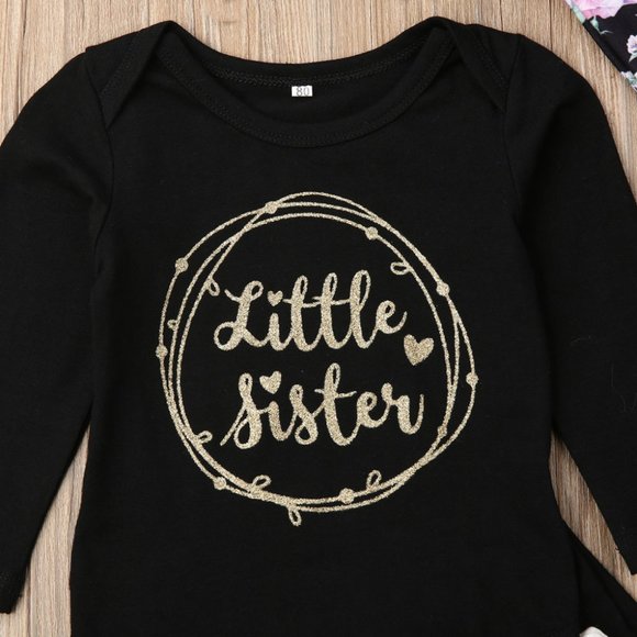 NEW Infant Girls Black Floral Little Sister 4 Pc Outfit - Picture 4 of 7
